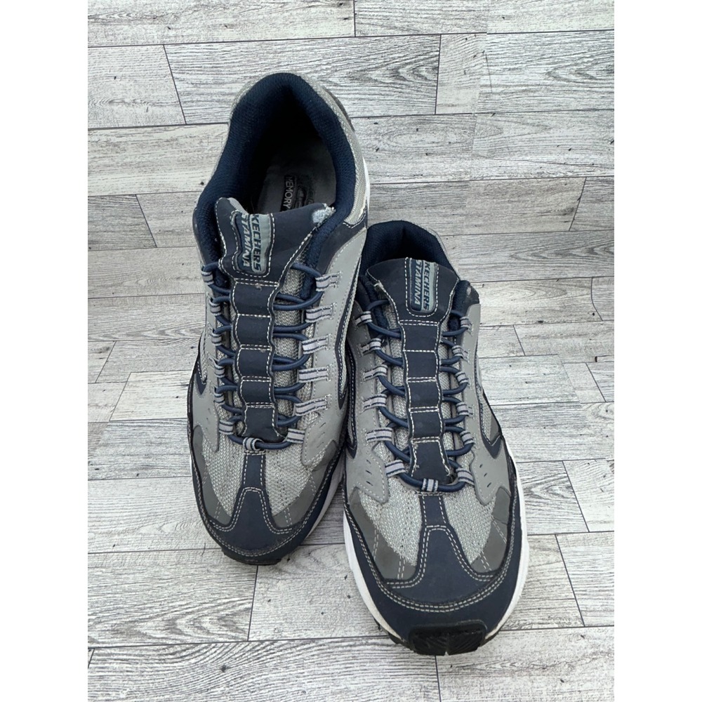Skechers Stamina Men 12 Wide Fit Navy Grey Leather Sneakers 51919W‎ Memory Foam